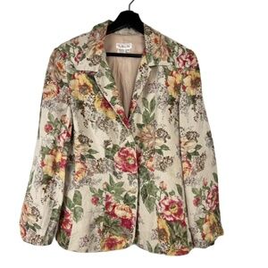 Talbots Vintage 100% Linen Blazer size 8 Tan Floral Cottagecore Spring Romantic